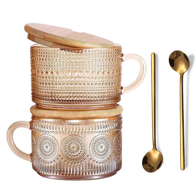 JVJRFQ Vintage Glass Coffee Mugs Set of 2 Amber, Embossed Glass Cups with Bamboo Lids and Spoons, 14 Oz Glass Breakfast Cups for Cappccino, Latte, Cereal, Yogurt, Dessert, Breakfast, Tea