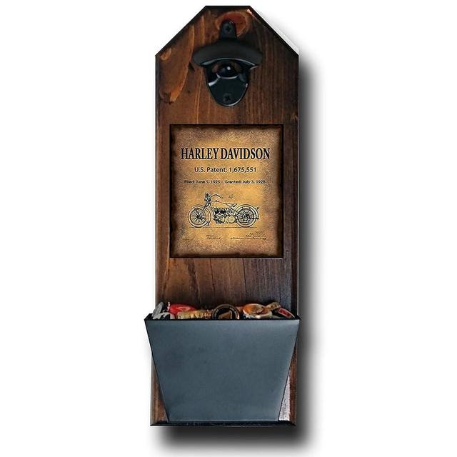 Harley Davidson Inspired - Motorcycle Patent of Vintage Bike Wall Mounted Bottle Opener and Cap Catcher - Made of 100% Solid Pine 3/4" Thick - Rustic Sign