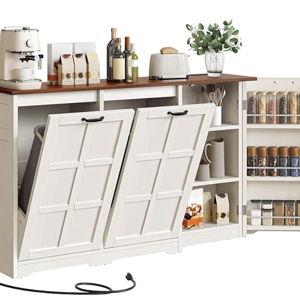 YITAHOME Farmhouse Kitchen Island with Power Outlet, Kitchen Storage Island with 2 Tilt-Out Compartments for 13 Gallon Trash Bins, Adjustable Shelf