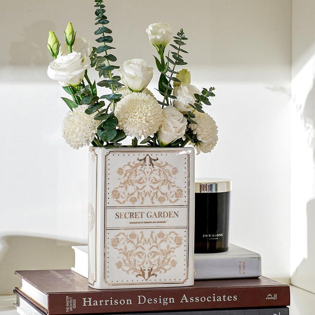 DN DECONATION Decorative Book Vase for Flowers, White Ceramic Vases for Modern Home Decor, Cute Bookish Planter Pot for Bookshelf/Dining Table/Office Desk, Unique Vase for Book Lovers