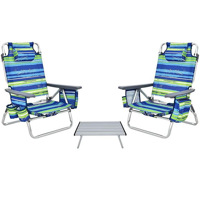 Giantex Folding Camping Chair 3 PCS Beach Chair and Aluminum Table Set, Patio Sling Chairst with 5 Adjustable Position, Backpack Lawn Chair for Fishing,Travelling Sunbathing Chairs Set