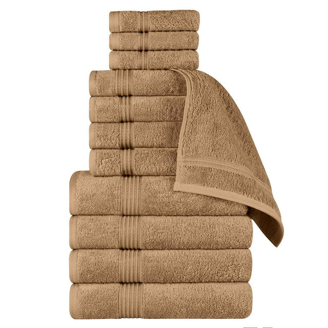 Egyptian Cotton Absorbent Luxury Heavyweight 12 Piece Towel Set, Toast - Blue Nile Mills