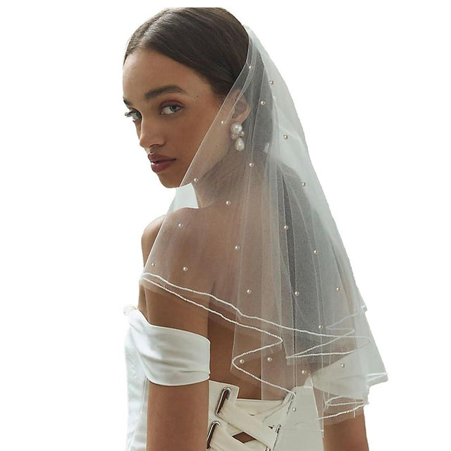 AOREAS White Short Wedding Veil Pearl Rhinestone Bride Veils Bridal Veils Bachelorette Party Veil for Brides and Women