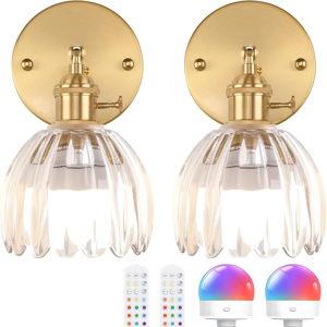 Shenmoyl Vintage Battery Operated Wall Sconce with Transparent Tulip Glass Lampshade Rechargeable Battery Powered Wall Light with Remote Control for Bedside Bedroom Doorway, Set of 2