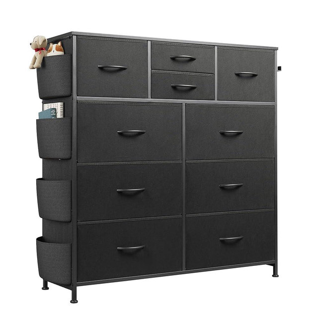 WLIVE Dresser for Bedroom with 10 Drawers, Fabric Dresser Chest of Drawers with Side Pockets and Hooks, Sturdy Metal Frame, Drawers Organizer Unit for Living Room, Hallway, Black
