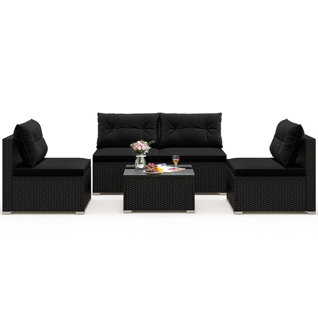 Tangkula 5 Piece Rattan Sofa Set, Outdoor Wicker Furniture Set w/Seat & Back Cushions, Square Coffee Table, Patio Sectional Sofa Set for Backyard, Poolside, Garden (Black)