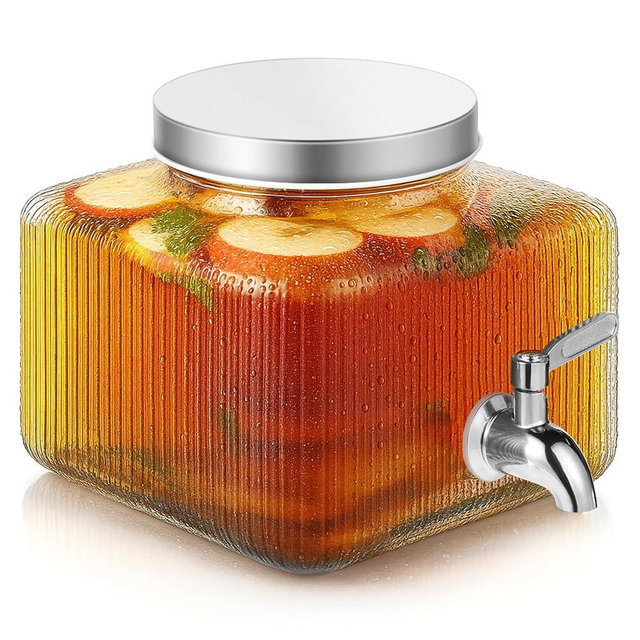 Drink Dispenser for Fridge, 1 Gallon Glass Beverage Dispenser with 100% Leakproof Stainless Steel Spigot, Ideal for Water, Lemonade, Juice, Iced Tea