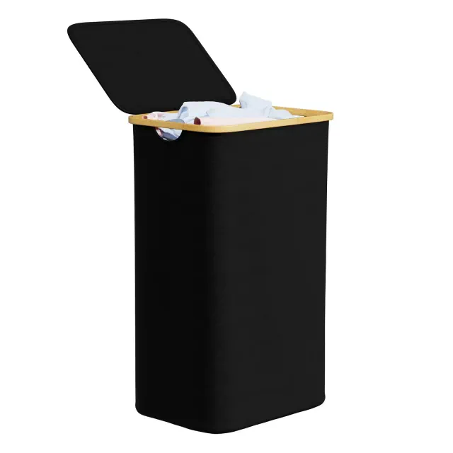 Laundry Hamper with Lid features Bamboo Handle,Black-SpaceAid