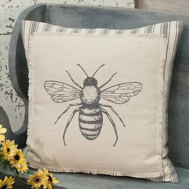 Piper Classics Sketched Bee Throw Pillow Cover, 18" x 18", Printed Bee Design, Gray & Cream Ticking Stripe Pillow, Farmhouse Spring & Summer Decor