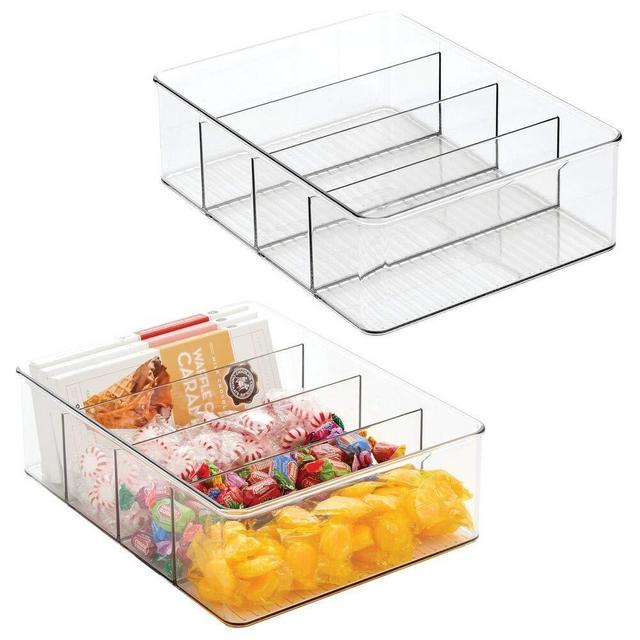 mDesign Plastic Food Storage Bin with Divided 4 Compartments for Kitchen Cabinet, Pantry, Shelf to Organize Seasoning Packets, Powder Mixes, Spices, Snacks - 12" Wide, 2 Pack- Clear