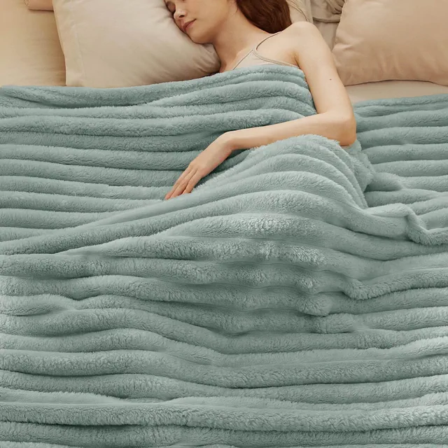 Bedsure Fleece blanket Queen Size for Bed, Wider Striped Cute Large Fleece Throws for Girls, Sage Green, 90x90 inches