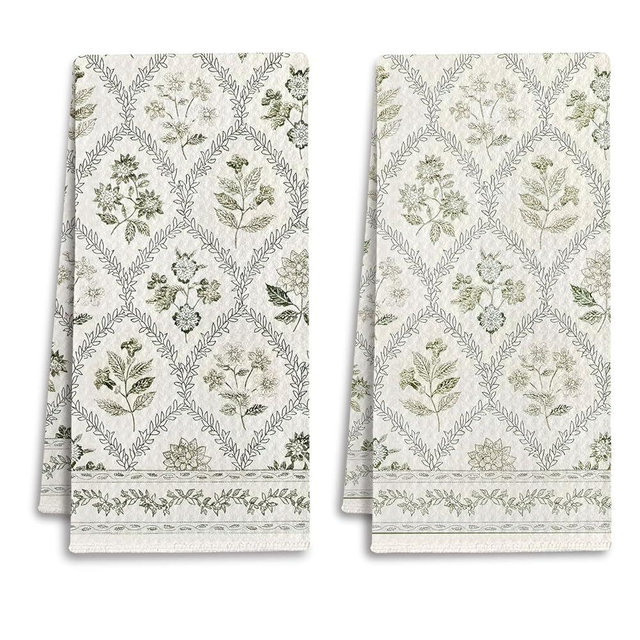 IRTAGANNY Boho Botanical Floral Kitchen Towels, Farmhouse Cottagecore Dish Tea Towels for Kitchen Decor, Retro Art Nouveau Flower Decorative Hand Towel for Bathroom, 16x24 Inches Set of 2