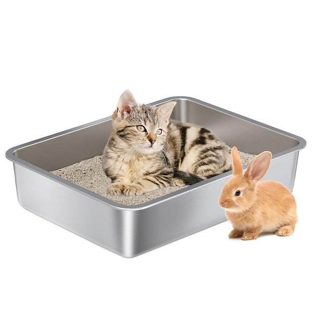 Nyutu Stainless Steel Litter Box - Metal Cat Litter Box -4“ H Cat Litterbox Low Entry Pet Toilet Supplies for Kitty, Kitten, Rabbit, Puppy,No Stick Easy Clean-No Smell
