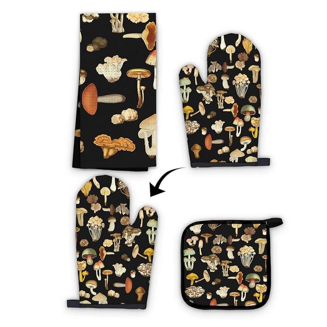 OHSUL Black Mushroom Kitchen Towels and Oven Mitt Pot Holder Set, Mushroom Kitchen Decor and Accessories, Vintage Mushroom Themed Gifts Heat Resistant Oven Gloves Hot Pads Hand Towels for Kitchen