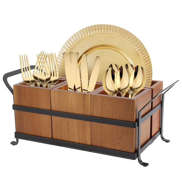 DYGZBLHT Silverware Caddy Acacia Wood Silverware holder for Party Utensil Caddy with Metal Handle Paper Plate Organizer Cutlery Holder Flatware Organizer for Spoons Forks Napkins