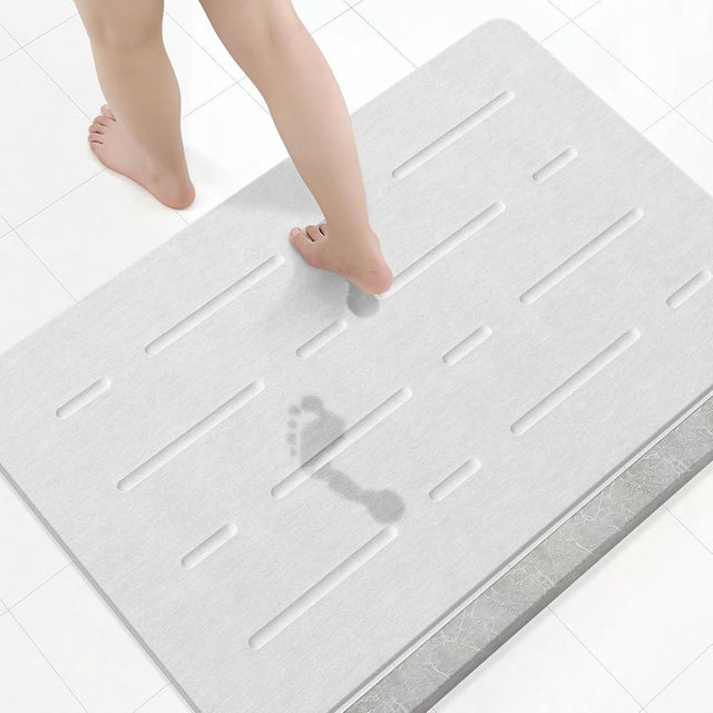 OTHWAY Large Stone Bath Mat, 32"x 20" Diatomaceous Earth Bath Mat for Bathroom Quick Drying Absorbing, Long Non-Slip Diatomite Hard Stone Shower Mat Instant Dry(White Grey)