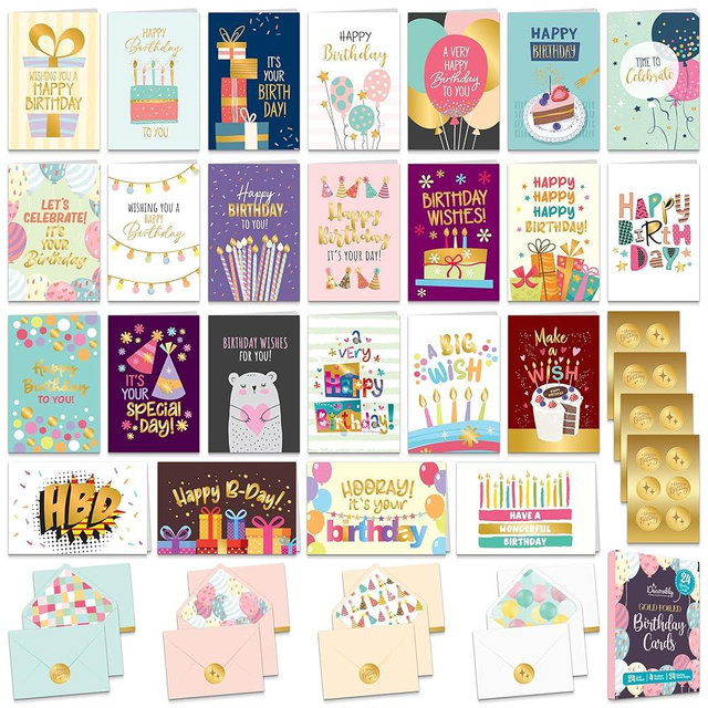 Decorably 24 Pack Gold Foiled 6x4in Happy Birthday Cards Variety Pack with Envelopes and Stickers, 24 Blank Assorted Designs for Friends, Family and Loved Ones - Celebration, Gifting & Mailing