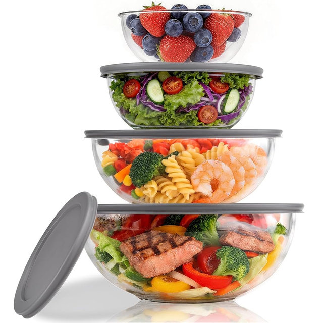 Reasmi Glass Mixing Bowls with Lids Set of 4,Glass Bowls with Lids Large Mixing Bowl Salad Bowls Space-Saving Nesting bowls Serving bowls Storage Container for Cooking,Baking,Prepping