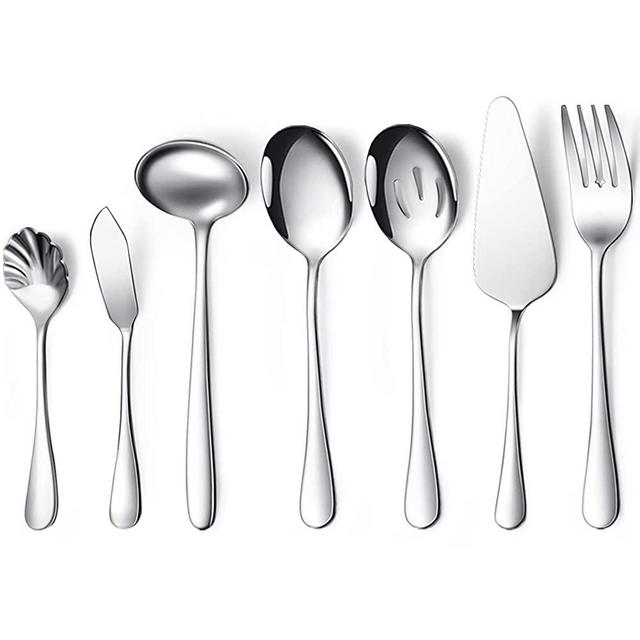 Serving Utensils Include Large Serving Spoons Slotted Serving Spoons Serving Forks Serving Tongs Soup Ladle and Pie Server Buffet Catering Serving Utensils for Dishwasher Safe (Silver,7 Pieces)