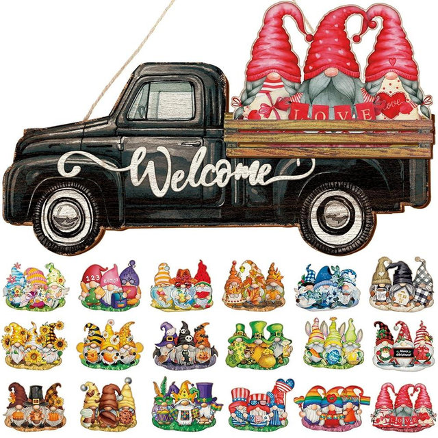 Chitidr 23 Pcs Christmas Interchangeable Gnome Welcome Sign Seasonal Wooden Gnomes Sign Hanging Truck Decor Holiday Rustic Truck Welcome Door Decor for Thanksgiving Holiday(Black)