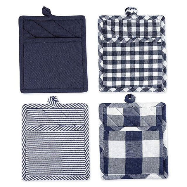 DII Kitchen Collection Gingham Check, Potholder S/4, Navy/Off-White