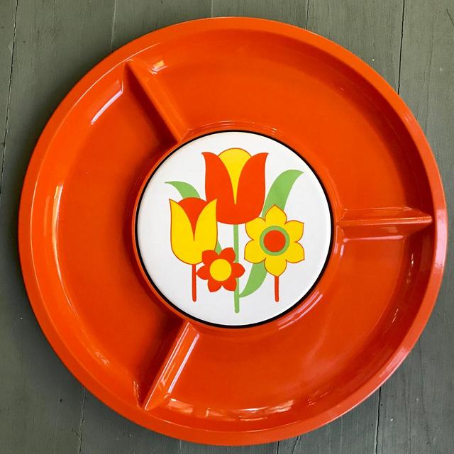 Bright Orange 1970s Party Tray with Tulips...