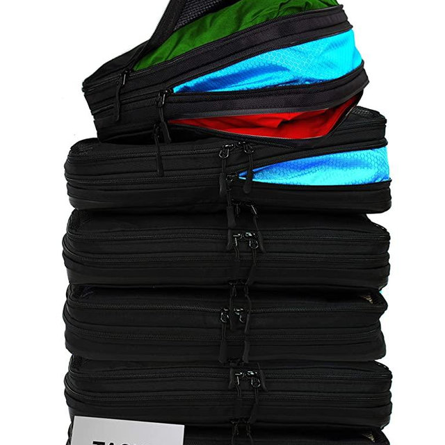 Compression Packing Cubes | Clean & Dirty Compartments w/Flexible Separator | New Patent Pending Anti-Snag-Zipper Construction | YKK Zippers (Black | Set of 6 | 3 L + 3 M)