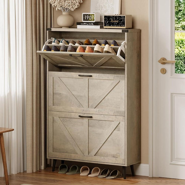 Halitaa Shoe Cabinet with 3 Flip Drawers,Farmhouse Shoe Organizer Cabinet with Legs for Entryway,Narrow Slim Freestanding Rack Cabinet for Foyer,Hallway,Grey