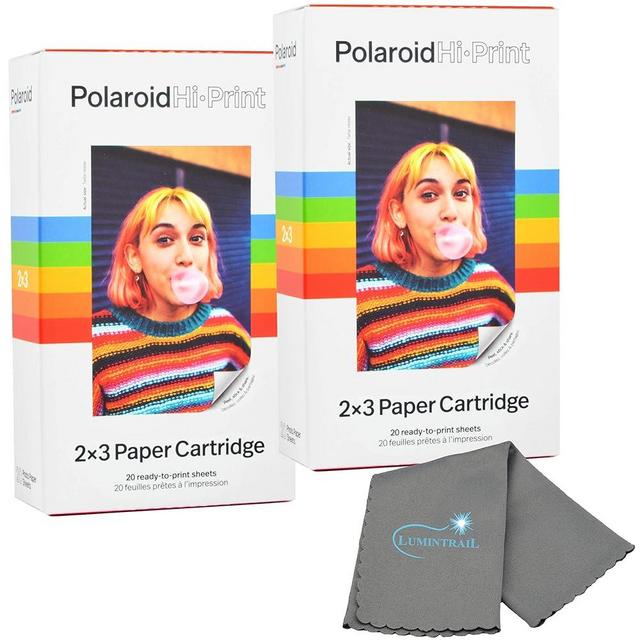 Polaroid Hi Print 2x3 Paper Cartridge, Peel and Stick, 2 Pack (40 Photos) with a Lumintrail Microfiber Cleaning Cloth