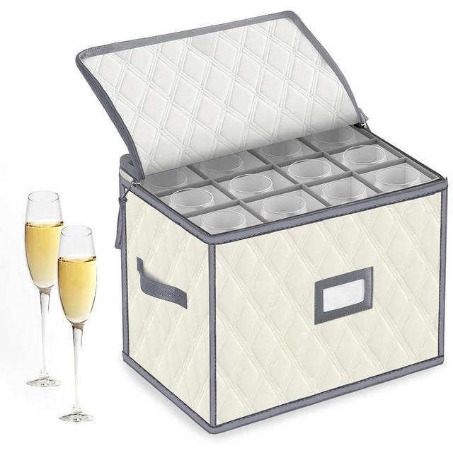 VERONLY China Storage Containers, Wine Glass Storage Box with Dividers, Holds 12 Champagne Flute Glasses up to 10" Tall, Stemware Storage Case, Durable Quilted Microfiber Bin with Carry Handles