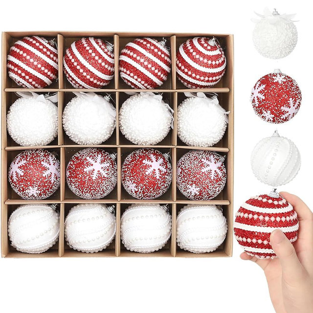 Christmas Tree Ball Ornament Set 16pcs 80mm/3.15inch Red White Glittering Shatterproof Foam Hanging Christmas Ball Ornaments for for Xmas New Year Birthday Home Party Supplies (Red White)