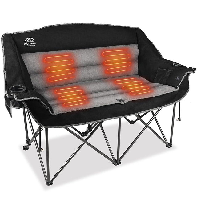 LANMOUNTAIN Heated Double Camping Chairs,3 Heat Levels Padded Portable Loveseat w/Wine Glass Holder,Cup Holder,Heating Outdoor Camp Couch Support 600 Lbs,Black,Battery NOT Included