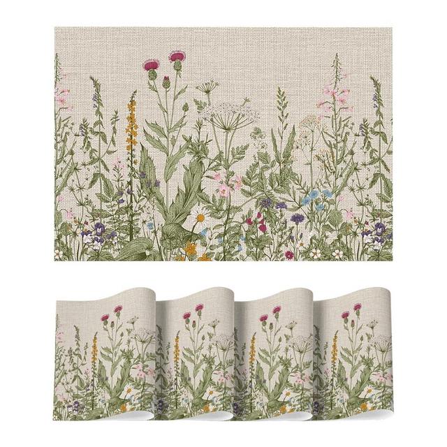 Artoid Mode Wildflower Vinyl Placemats Set of 4, Washable Non-Slip Plastic PVC Table Mats for Spring Party Kitchen Dining Decor, 12x18 Inch