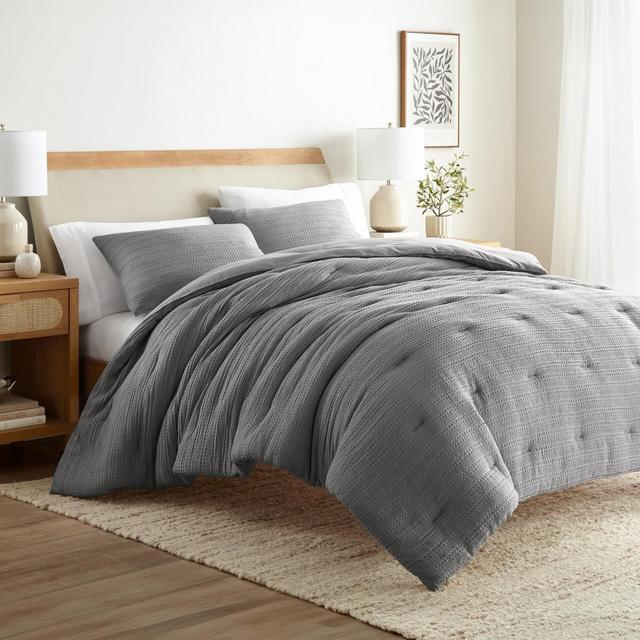 Waffle Textured Comforter Set All Season Down-Alternative Ultra Soft Bedding - Becky Cameron, Fog, King/California King
