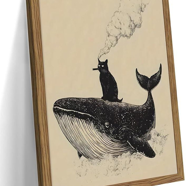 Framed Cat Wall Art, Funny Black Cat Riding a Whale Canvas, Vintage Abstract Oil Painting, Country Home Room Wall Decor, Humorous Pictures Artwork Prints for Living Room Bedroom – 8x10 inch