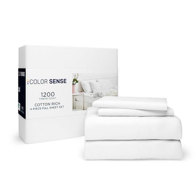 Color Sense 1200 Thread Count Queen Size Sheets Set White, Ultra Soft Cotton Rich Easy Care Sateen Sheets, Moisture Wicking Bed Sheet with Deep Pocket (1 Flat Sheet, 1 Fitted Sheet & 2 Pillowcases)