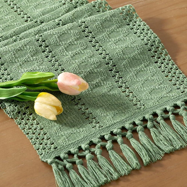 Socomi Sage Green Boho Table Runner Easter Spring Farmhouse Rustic Dining Kitchen Centerpiece Decor Small Macrame Woven Cotton Linen Coffee Table Runner for Dresser Scarf Home Decor 12x48 inch