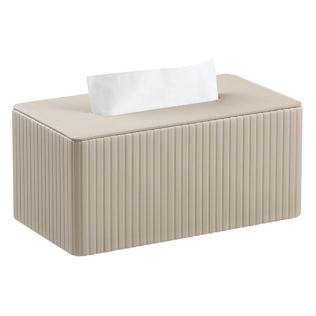 MEIBOOCH Tissue Box Cover Stylish PU Leather Rectangular Tissue Box Holder with Magnetic Bottom Cover for Bathroom Bedroom or Office (Beige Stria)