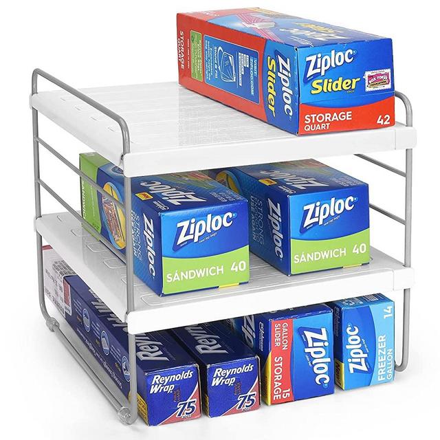 Adjustable Foil Organizer, Maglady 3 Tier Kitchen Wrap Organizer Rack, Multifunctional Foil and Plastic Wrap Organizer for Cabinet, Food Wrap, Foil, Wax Parchment Paper, Plastic Bags White Finish