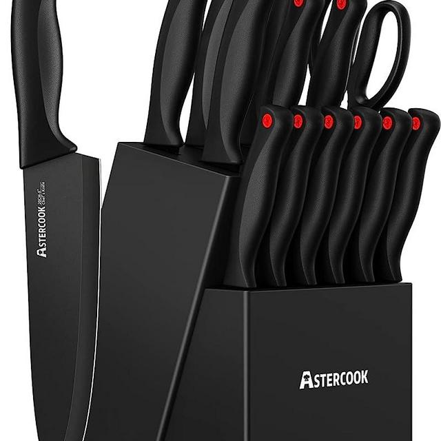 Knife Set, Astercook 15 Pieces Knife Sets for Kitchen with Block, Dishwasher Safe Kitchen Knife Set with Built in Sharpener Block, German Stainless Steel Knife Block Set, Black