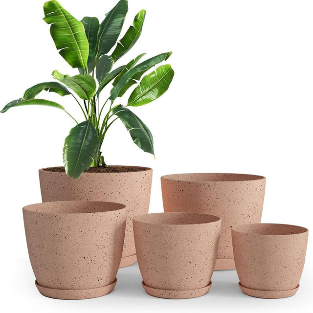 Utopia Home - Spotty Plant Pots Indoor with Drainage - 7/6.6/6/5.3/4.8 Inches Flower Pots - 5 Pack Plastic Planters - Ideal for Stocking Stuffers - (Speckled Peach Pink, Pack of 5)