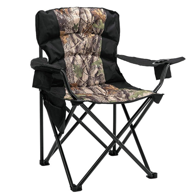 MaiuFun Oversized Camping Chair Folding Heavy Duty Quad Outdoor Large Lawn Chairs Portable Support 400 lbs Padded Thicken Oxford with Armrests, Storage Bag, Cup Holder, Carry Bag for Outside(Camo)