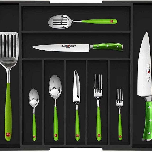 Bamboo Kitchen Drawer Organizer - Expandable Silverware Organizer/Utensil Holder and Cutlery Tray with Grooved Drawer Dividers for Flatware and Kitchen Utensils (9 Slots, Black)
