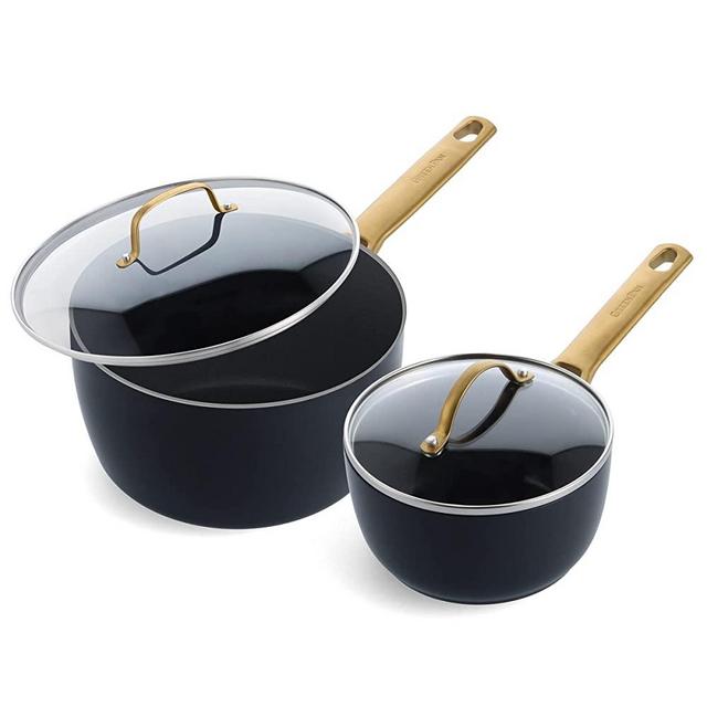 GreenPan Reserve Hard Anodized Healthy Ceramic Nonstick, 1.5QT and 3QT Saucepan Pot Set with Lids, Gold Handle, PFAS-Free, Dishwasher Safe, Oven Safe, Black