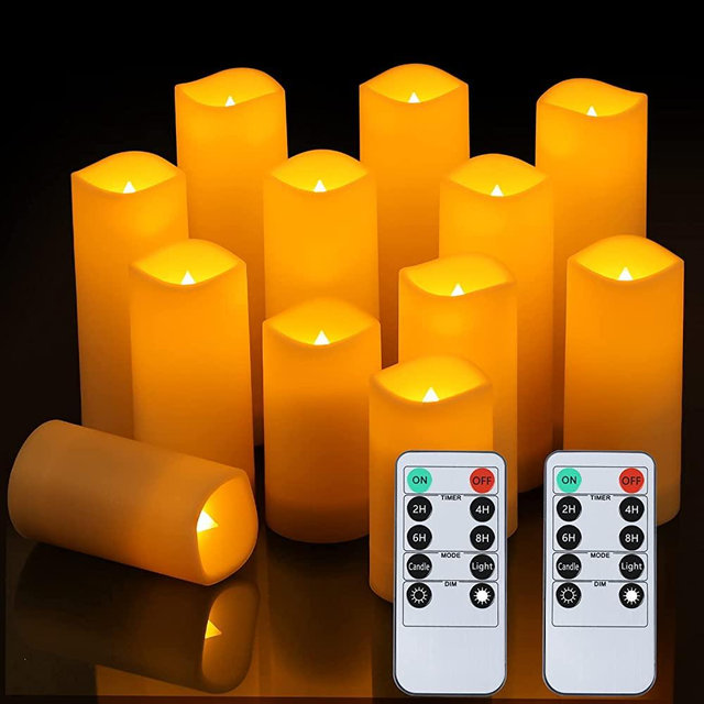 crowm Flickering Flameless Candles with Remote, Battery Operated Timer LED Votive Candles, Outdoor Waterproof Pillar Ivory Candles Light for Christmas Wedding Decor - Set of 12