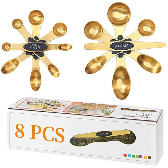 Magnetic Measuring Spoons Set Stainless Steel with Leveler, Metal Stackable Measuring Scoop for Baking, Tablespoon Kitchen Gadgets for Dry or Liquid Food, Fits in Spice Jars, gold Utensils (8Pcs)