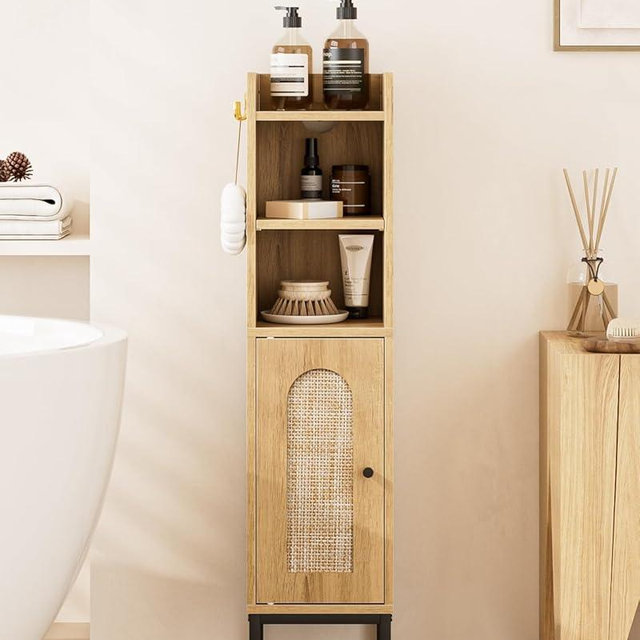 AEPOALUA Bathroom Storage Cabinet, Small Corner Floor Hutch with 2Hooks,Narrow Toilet Paper Cabinet with Rattan Door,Bathroom Organizer with Adjustable Shelf, for Small Spaces,Oak