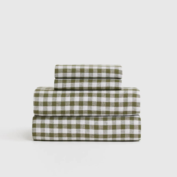 European Linen Gingham Sheet Set in Olive