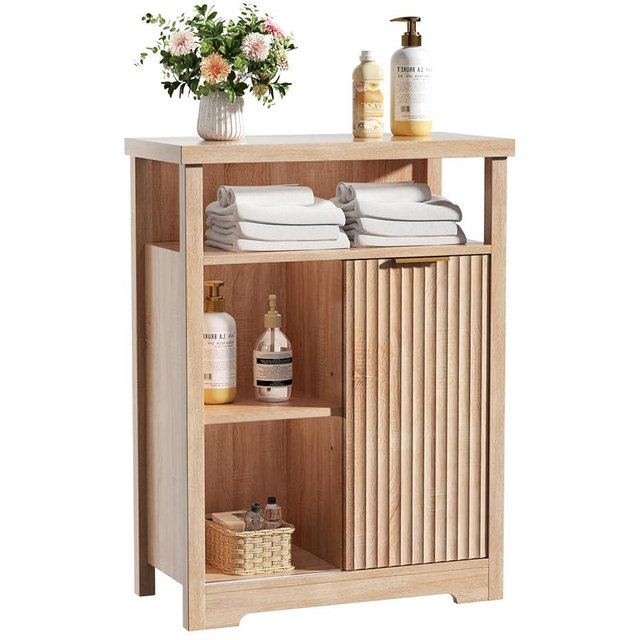 SEPTBOT Fluted Bathroom Cabinet with 3 Drawers, Small Entryway Wooden Storage Cabinet with Sliding Door & Adjustable Shelf, for Living Room, Bathroom, Kitchen, Natural Oak