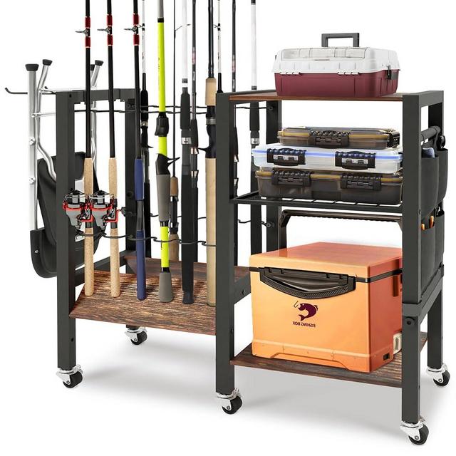 Dobures Fishing Rod Holders, Fishing Gear, Fishing Rod Holders for Garage, Fishing Equipment Organizers, Fishing Pole Holders, Fishing Rod Tackle Cart, Holds up to 12 rods, 3 floors (33''x 12''x32'')